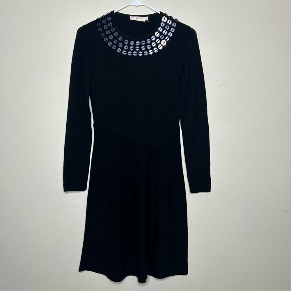 Tory Burch Sweater Dress Black Long Sleeve 100% Merino Wool Womens Size XS